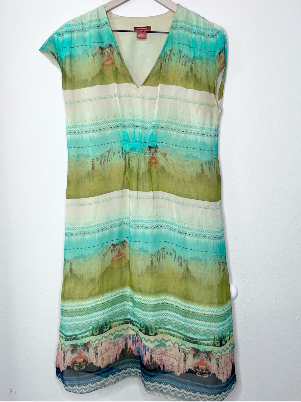Sundance Women's Silk Dress Size 12 Landscape Turquoise Stripes V-Neck Summer